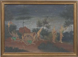 Pittura siamese fine del XIX secolo - Carro fiammeggiante e due donne con bambini