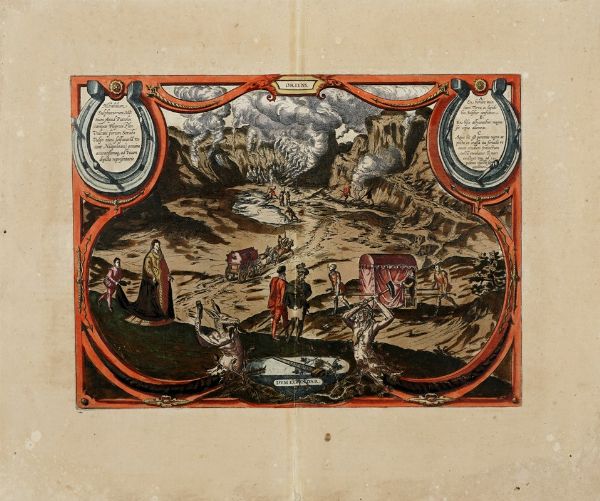 GEORG BRAUN : MIRABILIUM SULPHUREORUM MONTIUM APUD PUTEOLOS (CAMPOS FLEGREOS PLIN. VULCANI FORUM STRABO VULGO NUNC SOLFATARIAM VOCANT NEAPOLITANI) GENUINA ACCURATISSIMAQUE AD VIVUM DEPICTA REPRESENTATIO.  - Asta  Arte Antica, Moderna e Contemporanea [Parte I] - Associazione Nazionale - Case d'Asta italiane