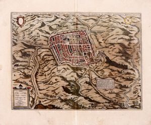 GEORG BRAUN : MIRABILIUM SULPHUREORUM MONTIUM APUD PUTEOLOS (CAMPOS FLEGREOS PLIN. VULCANI FORUM STRABO VULGO NUNC SOLFATARIAM VOCANT NEAPOLITANI) GENUINA ACCURATISSIMAQUE AD VIVUM DEPICTA REPRESENTATIO.  - Asta  Arte Antica, Moderna e Contemporanea [Parte I] - Associazione Nazionale - Case d'Asta italiane