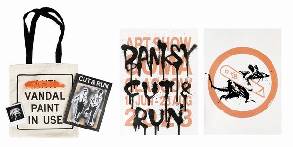 Banksy : Merchandising dalla mostra Cut&Run: catalogo della mostra, polaroid, 2 manifesti e borsa Vandal Paint in Use.  - Asta Arte Antica, Moderna e Contemporanea [Parte II] - Associazione Nazionale - Case d'Asta italiane