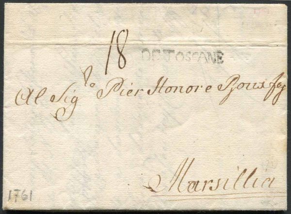1681/1767, Toscana, tre lettere, due per Livorno e una da Livorno per Marsiglia del 27 novembre  1761,  - Asta Filatelia - Associazione Nazionale - Case d'Asta italiane