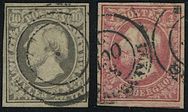 1852, Lussemburgo, Guglielmo III 10 cent. grigio-nero e 1 scellino bruno-rosso  - Asta Filatelia - Associazione Nazionale - Case d'Asta italiane