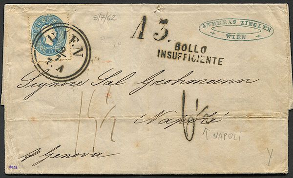 1862, Lombardo Veneto, lettera da Vienna per Napoli del 9 luglio 1862  - Asta Filatelia - Associazione Nazionale - Case d'Asta italiane