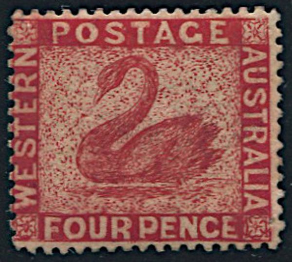 1865, Western Australia, 4 d. carmine  - Asta Filatelia - Associazione Nazionale - Case d'Asta italiane