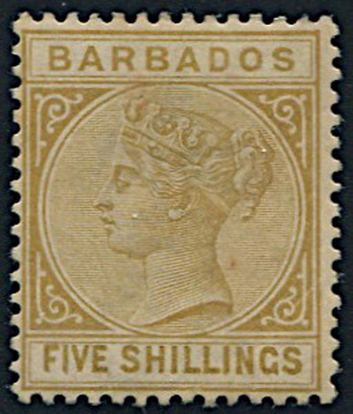 1886, Barbados, 5 s. bistre  - Asta Filatelia - Associazione Nazionale - Case d'Asta italiane