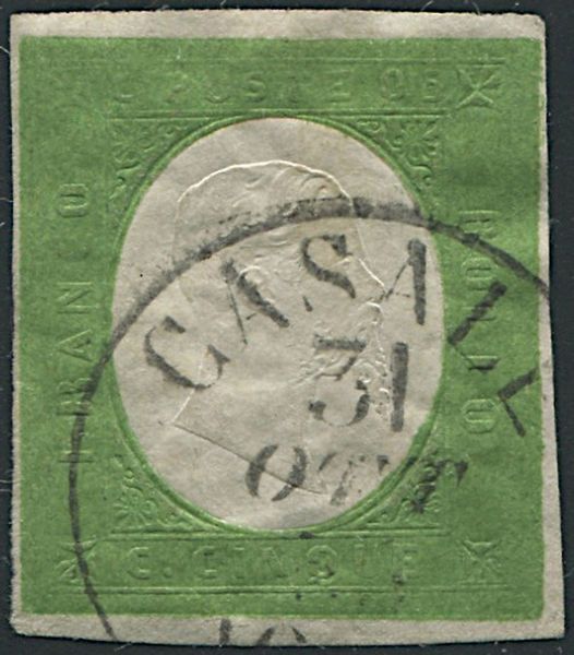 1854, Sardegna, 5 cent. verde giallo  - Asta Filatelia - Associazione Nazionale - Case d'Asta italiane