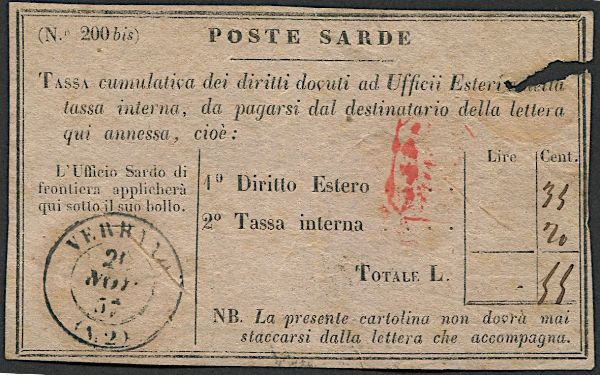 1857, Sardegna, Segnatasse, talloncino con dicitura N.B. in basso su due righe  - Asta Filatelia - Associazione Nazionale - Case d'Asta italiane