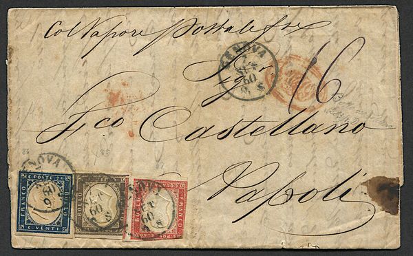 1860, Napoli, Dittatura Garibaldina, comunicazioni postali con il Regno di Sardegna, lettera da Genova per Napoli del 7 settembre 1860  - Asta Filatelia - Associazione Nazionale - Case d'Asta italiane