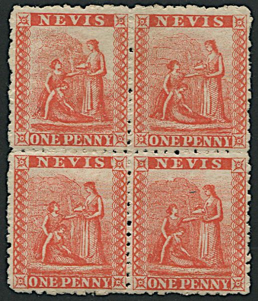 1878, Nevis, 1 d. vermillion-red  - Asta Filatelia - Associazione Nazionale - Case d'Asta italiane