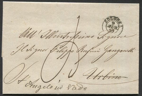 1859, Romagne, lettera con tassa a carico del destinatario da Bologna per Urbino  - Asta Filatelia - Associazione Nazionale - Case d'Asta italiane