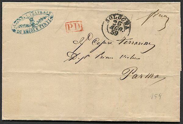 1859, Romagne, Amministrazione Postale post-Pontificia, Lettera da Bologna per Parma del 26 agosto 1859  - Asta Filatelia - Associazione Nazionale - Case d'Asta italiane