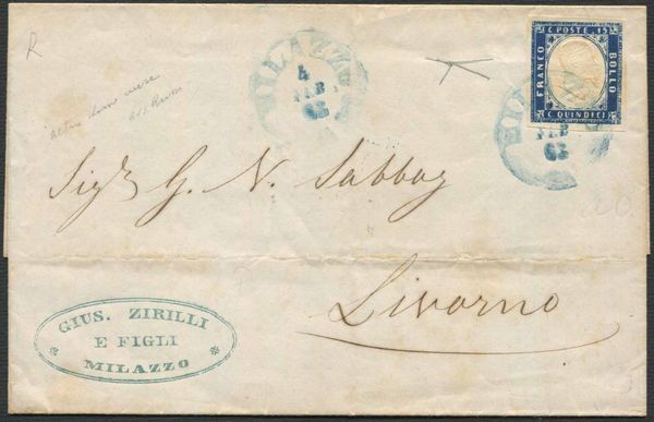 1863, Regno d'Italia, lettera da Milazzo per Livorno del 4 febbraio 1864,  - Asta Filatelia - Associazione Nazionale - Case d'Asta italiane