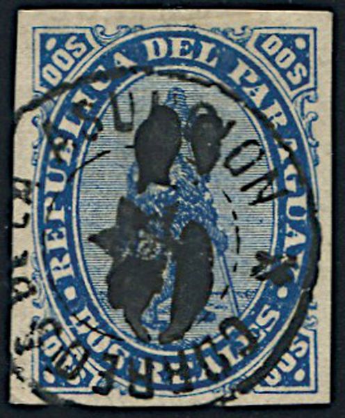 1878, Paraguay, overprinted 5 on 2 reales blue  - Asta Filatelia - Associazione Nazionale - Case d'Asta italiane