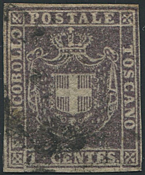 1860, Toscana, Governo Provvisorio, 1 cent. violetto bruno  - Asta Filatelia - Associazione Nazionale - Case d'Asta italiane