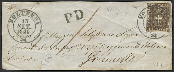 1860, Toscana, Governo Provvisorio, frontespizio di lettera da Volterra per Grumello (Lombardia)  - Asta Filatelia - Associazione Nazionale - Case d'Asta italiane
