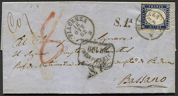 1862, Regno dItalia, lettera da Piacenza per Bassano del 18 ottobre 1862  - Asta Filatelia - Associazione Nazionale - Case d'Asta italiane