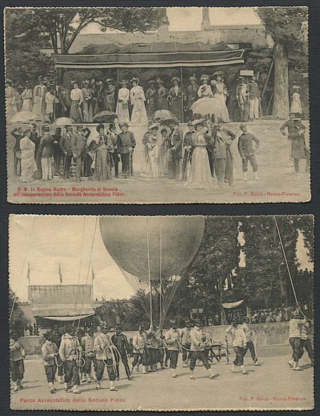 1904, Regno d'Italia,due cartoline fotografiche nuove che illustrano momenti del battesimo del primo aerostato  - Asta Filatelia - Associazione Nazionale - Case d'Asta italiane