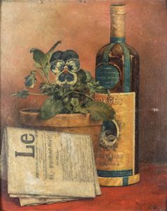 Pittore degli inizi del XX secolo - Natura morta con bottiglia, giornale e vaso di pans
