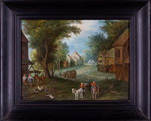 Pittore fiammingo attivo in Italia nel XVIII secolo - Scena di villaggio con uomini e carri