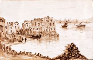 Pittore della fine del XIX secolo - Borgo marinaro con imbarcazioni