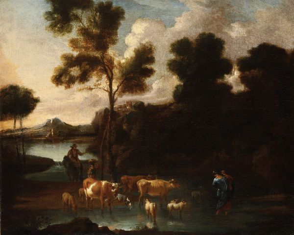 Scuola del XVIII secolo Paesaggio con pastori e armenti  - Asta Dipinti Antichi - Associazione Nazionale - Case d'Asta italiane