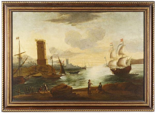 Scuola del XVIII secolo Vedute costiere con velieri  - Asta Dipinti Antichi - Associazione Nazionale - Case d'Asta italiane