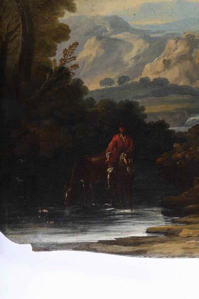 Scuola del XVIII secolo Paesaggio fluviale con due cavalieri  - Asta Dipinti Antichi - Associazione Nazionale - Case d'Asta italiane