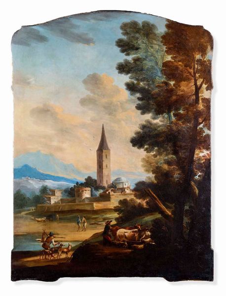 Scuola del XVIII secolo Paesaggio on pastori e villaggio sullo sfondo  - Asta Dipinti Antichi - Associazione Nazionale - Case d'Asta italiane