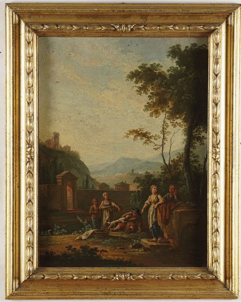 Scuola del XVIII secolo Paesaggio con popolani  - Asta Dipinti Antichi - Associazione Nazionale - Case d'Asta italiane