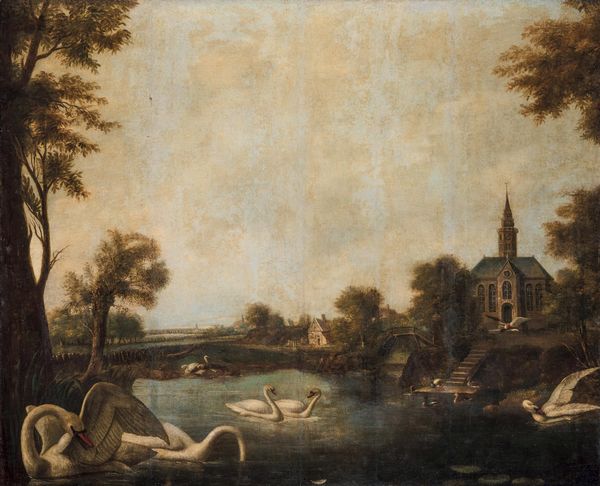 Scuola del XVII secolo Paesaggio con lago  - Asta Dipinti Antichi - Associazione Nazionale - Case d'Asta italiane