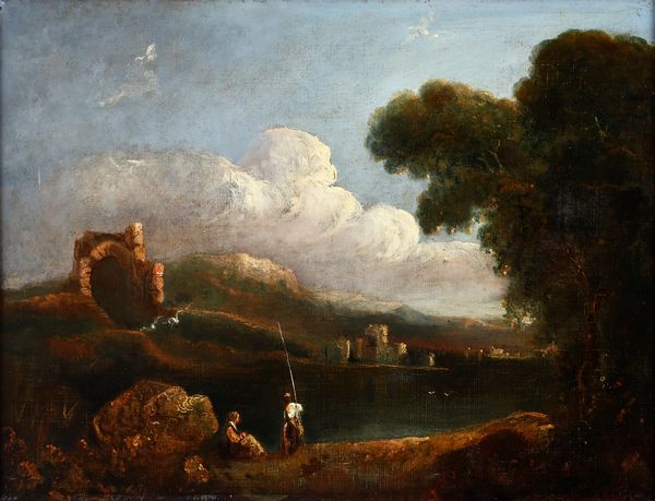 Scuola dell’inizio del XIX secolo Paesaggio con contadini in riva al fiume  - Asta Dipinti Antichi - Associazione Nazionale - Case d'Asta italiane