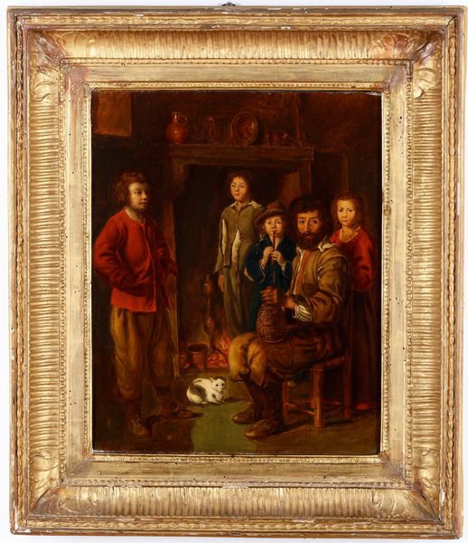 Scuola fiamminga del XIX secolo Interno con figure davanti al camino  - Asta Dipinti Antichi - Associazione Nazionale - Case d'Asta italiane