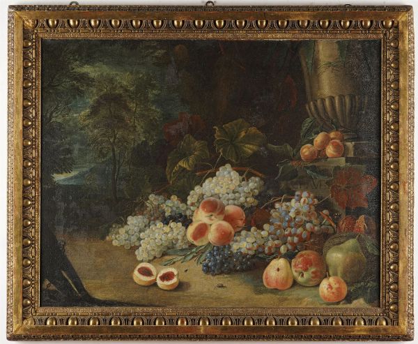 Scuola del XVIII/XIX secolo Natura morta di frutta in un paesaggio e vaso sullo sfondo  - Asta Dipinti Antichi - Associazione Nazionale - Case d'Asta italiane