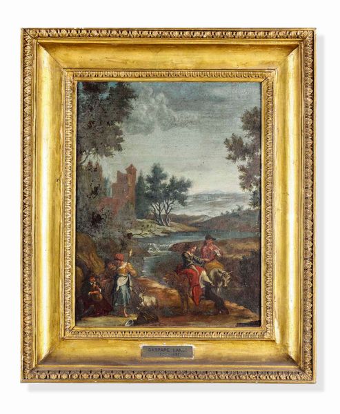Scuola lombarda del XVIII-XIX secolo Paesaggio fluviale con viandanti  - Asta Dipinti Antichi - Associazione Nazionale - Case d'Asta italiane