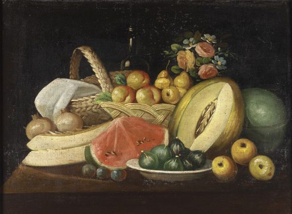 Scuola del XIX secolo Nature morte con frutti, ortaggi e fiori  - Asta Dipinti Antichi - Associazione Nazionale - Case d'Asta italiane