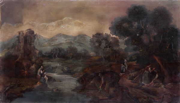 Scuola del XIX secolo Paesaggio con figure in riva al fiume e rovine  - Asta Dipinti Antichi - Associazione Nazionale - Case d'Asta italiane
