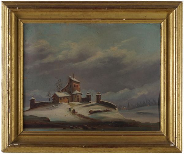 Scuola del XIX secolo Paesaggio innevato  - Asta Dipinti Antichi - Associazione Nazionale - Case d'Asta italiane