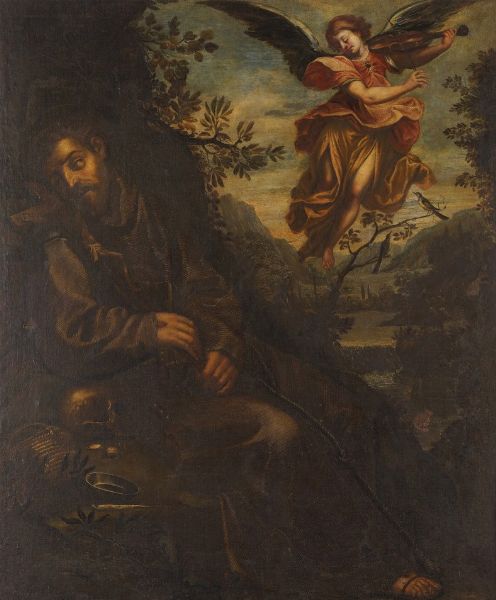 Agostino Carracci, copia da : San Francesco confortato dall'angelo  - Asta Dipinti Antichi - Associazione Nazionale - Case d'Asta italiane