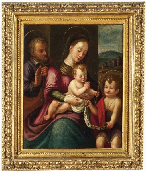 Scuola del XVI secolo Sacra Famiglia con San Giovannino  - Asta Dipinti Antichi - Associazione Nazionale - Case d'Asta italiane