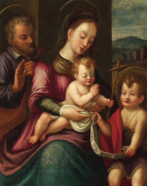 Scuola del XVI secolo Sacra Famiglia con San Giovannino  - Asta Dipinti Antichi - Associazione Nazionale - Case d'Asta italiane