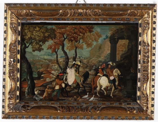 Scuola olandese del XVIII secolo Paesaggi con scene di genere  - Asta Dipinti Antichi - Associazione Nazionale - Case d'Asta italiane