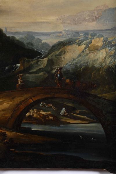 Scuola del XVIII secolo Paesaggio fluviale con ponte e pastori  - Asta Dipinti Antichi - Associazione Nazionale - Case d'Asta italiane