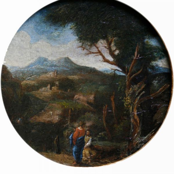 Scuola del XVIII secolo Paesaggio collinare con due figure  - Asta Dipinti Antichi - Associazione Nazionale - Case d'Asta italiane