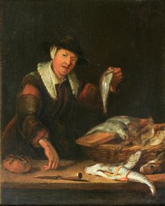 Quiringh Gerritsz van Brekelenkam, Attribuito a : La pescivendola  - Asta Dipinti Antichi - Associazione Nazionale - Case d'Asta italiane