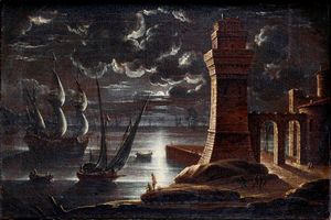 Giovanni Grevenbroeck detto il Solfarolo : Burrasca e Chiaro di luna  - Asta Dipinti Antichi - Associazione Nazionale - Case d'Asta italiane