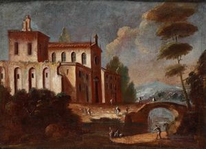 Francesco Tironi, Attribuito a - Paesaggio fluviale con palazzo e contadini