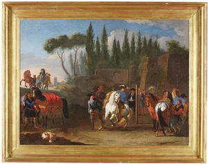 Pieter Van Bloemen detto lo Stendardo : Paesaggio con cavalieri  - Asta Dipinti Antichi - Associazione Nazionale - Case d'Asta italiane