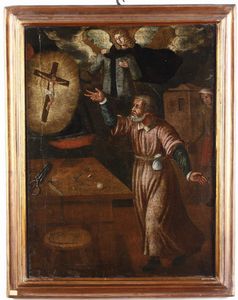 Scuola del XVII secolo Apparizione di un angelo a un santo  - Asta Dipinti Antichi - Associazione Nazionale - Case d'Asta italiane