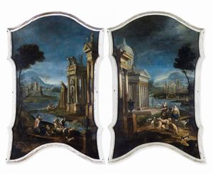 Giovanni Paolo Panini, Ambito di - Paesaggi fluviali con architetture e pastori