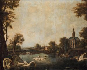 Scuola del XVII secolo Paesaggio con lago  - Asta Dipinti Antichi - Associazione Nazionale - Case d'Asta italiane